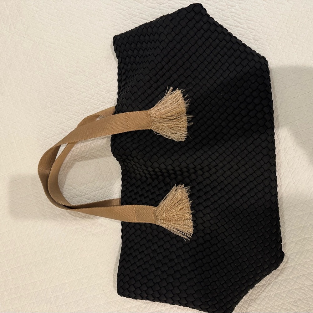 Naghedi Black Woven Tote with Tan Handles
